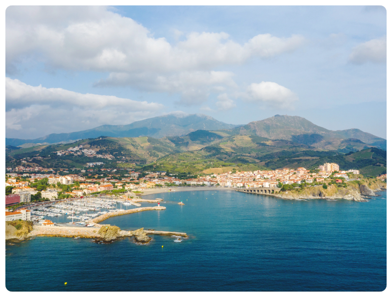 Colour natural aerial landscape of the rugged Costa Brava coastline and mountain backdrop at Banyuls-sur-Mer, Catalonia